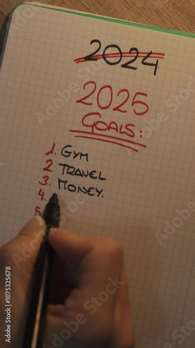 2025 New Year Goals: Woman's Hand Writing in Notebook on Wooden Desk