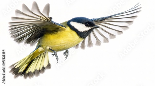 Isolated Great Tit in Flight Against a White Background, Captured with High Detail and Clarity, Showcasing Stunning Feather Patterns and Form