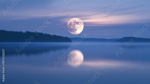 A serene full moon rising over a calm lake, its reflection shimmering on the water's surface.