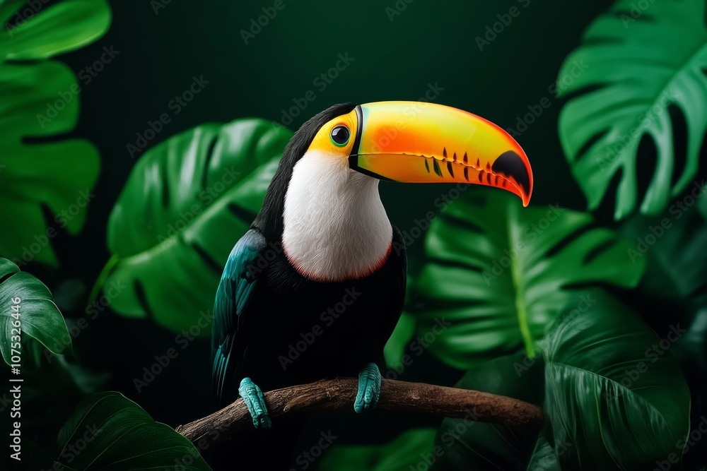 Naklejka premium A toucan with a colorful beak perched on a branch, with dense jungle leaves behind it