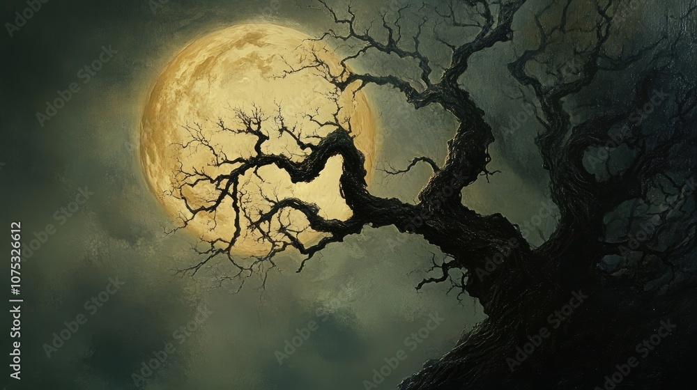 Gnarled silhouette of a tree against a bright full moon in the night sky Gnarled silhouette of a tree against a bright full moon in the night sky