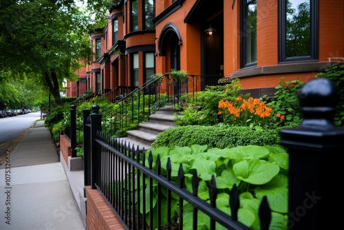 A traditional brick townhouse in a city setting, with iron railings and tall windows