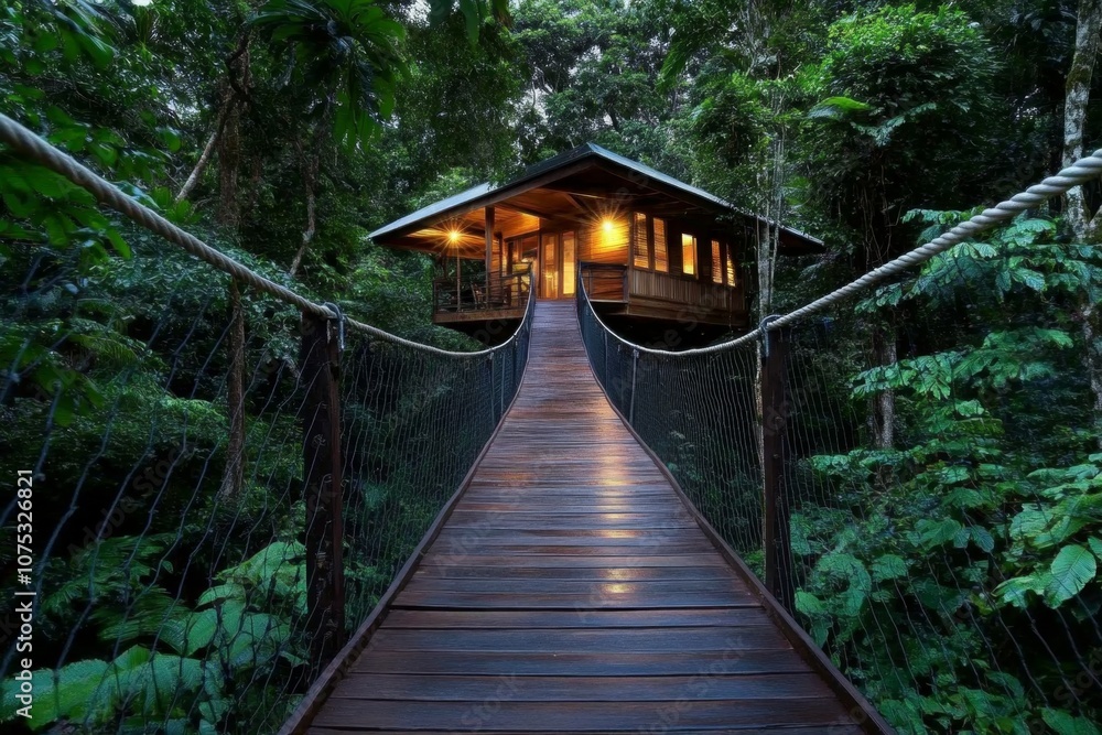 A treehouse in a lush forest, built with rustic wood and connected by a rope bridge A treehouse in a lush forest, built with rustic wood and connected by a rope bridge
