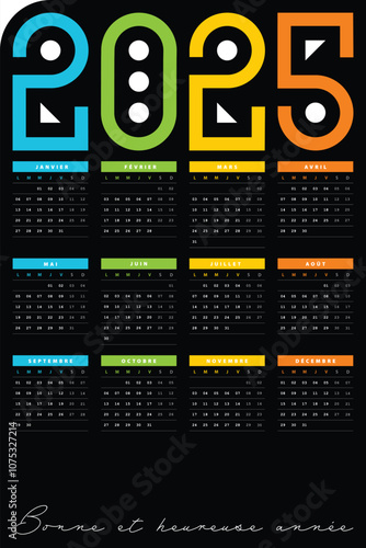 Calendrier 2025, Design simple de calendrier Français nouvelle année 2025, multiple couleurs sur fond noir