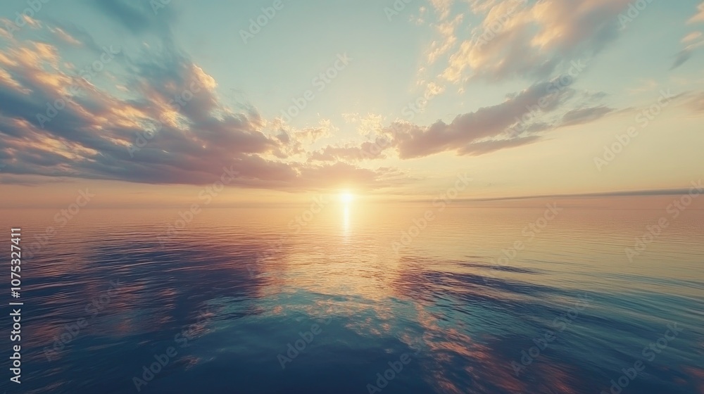 Aerial view of a sunrise waterscape featuring a blend of medium and high cloud cover reflecting on the tranquil bay waters Aerial view of a sunrise waterscape featuring a blend of medium and high cloud cover reflecting on the tranquil bay waters