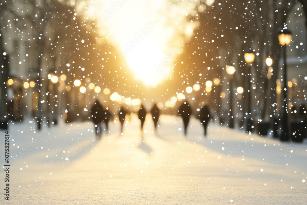 A blurry image of a snowy street with people walking and snow falling A blurry image of a snowy street with people walking and snow falling