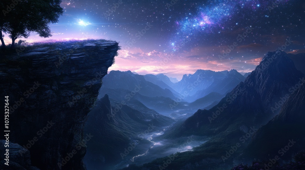 Fototapeta premium A serene night view from a high cliff, with the galaxy's stars illuminating the valley below.