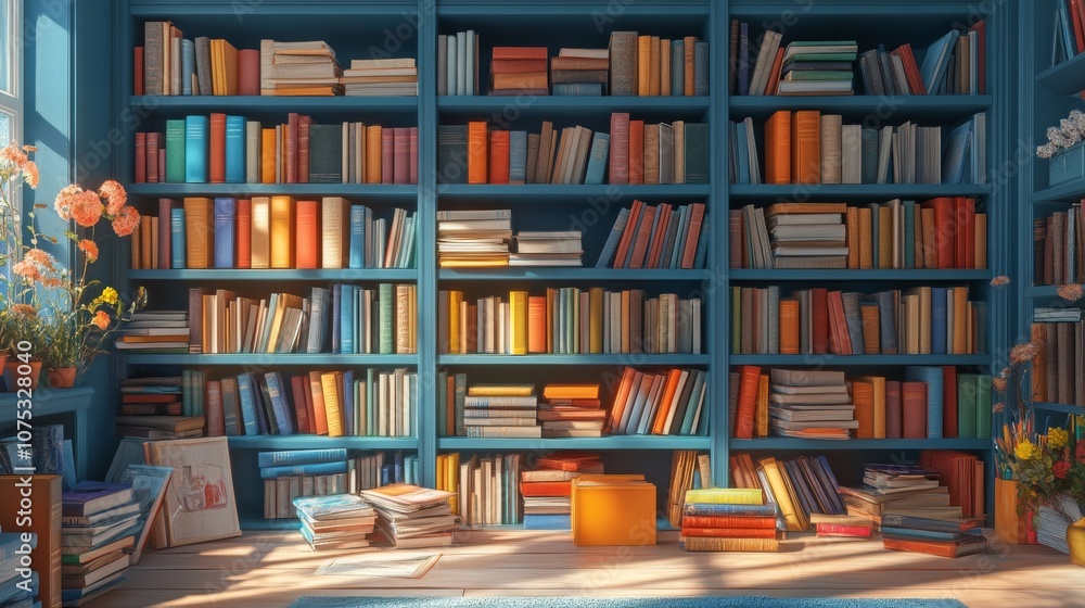 A Well-Stocked Bookcase Filled with Colorful Bound Volumes A Well-Stocked Bookcase Filled with Colorful Bound Volumes