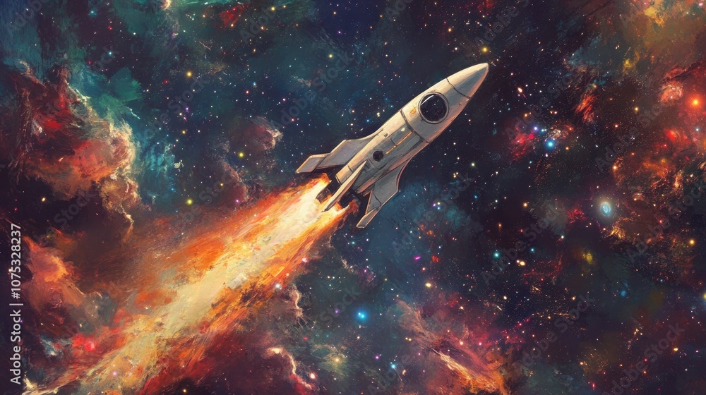 Rocket soaring through the cosmos Mixed media illustration Rocket soaring through the cosmos Mixed media illustration