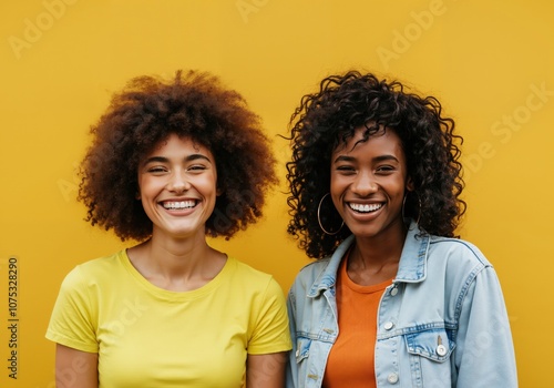 Joyful friends smiling against bright yellow backdrop in casual attire