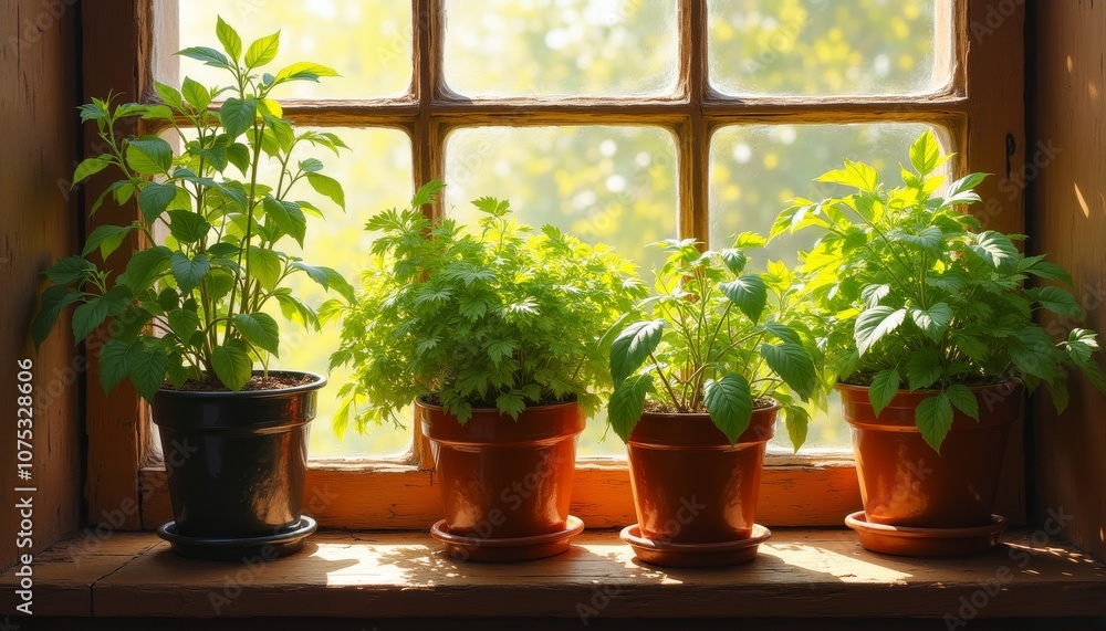 Herbs on windowsill with a sunlit ambiance in colorful pots surrounded by vibrant greenery Herbs on windowsill with a sunlit ambiance in colorful pots surrounded by vibrant greenery