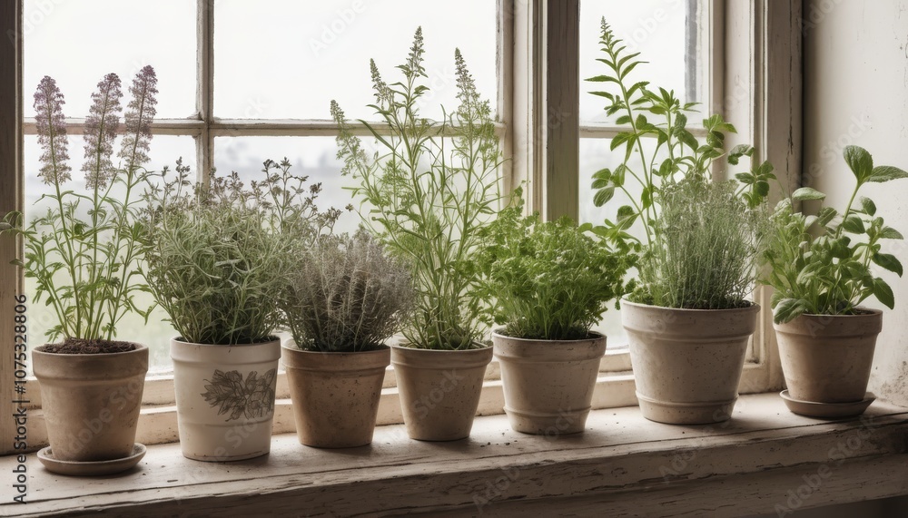 Herbs on windowsill with a vibrant atmosphere in clay pots illuminated by soft daylight Herbs on windowsill with a vibrant atmosphere in clay pots illuminated by soft daylight