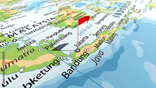 The Flag of Indonesia on the World Map, Animated map of Indonesia, Flying Flag