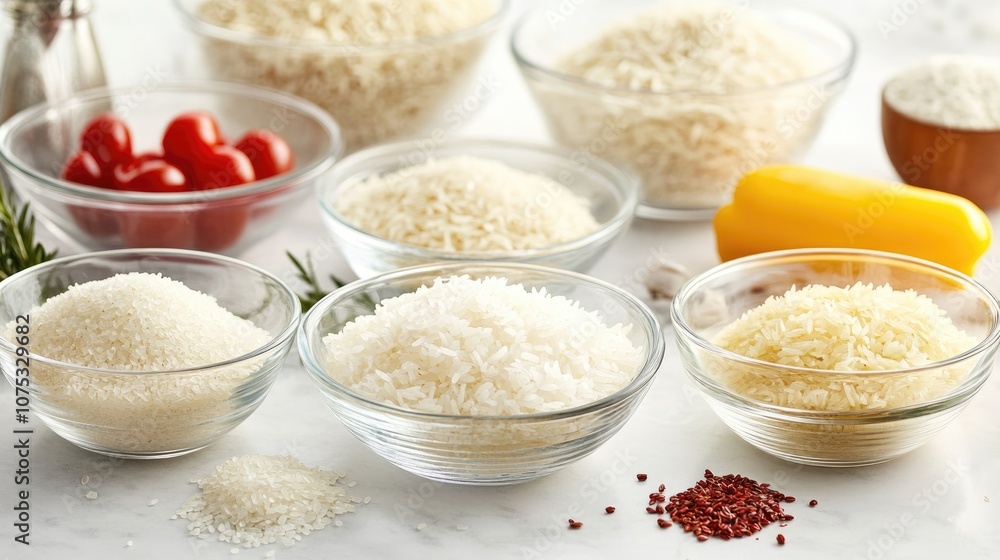 Ingredients measured in glass mixing bowls for rice preparation Ingredients measured in glass mixing bowls for rice preparation