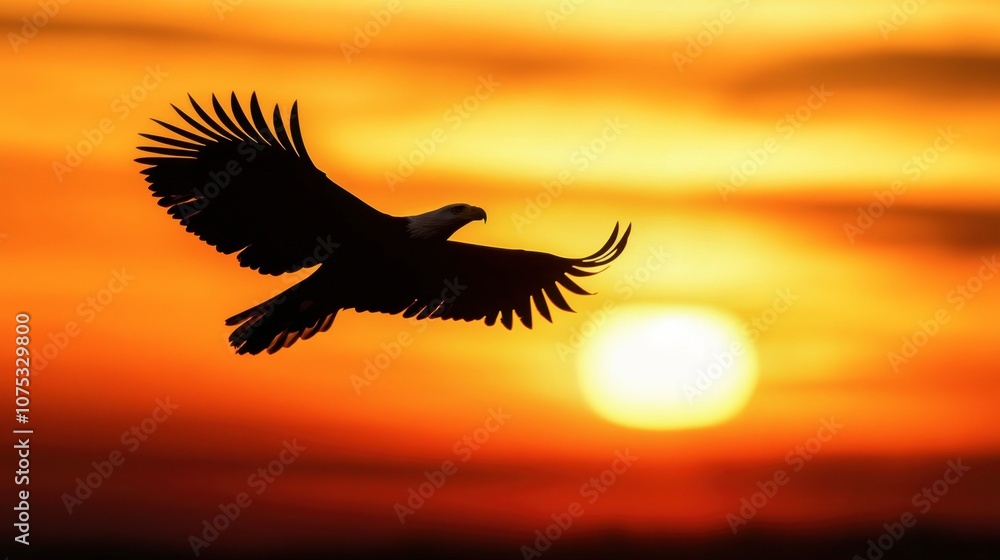 Obraz premium A silhouette of a bald eagle flying at sunset, with the sky glowing in warm orange hues.