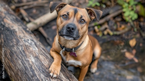 A mixed breed dog perched on a log gazing up at the camera