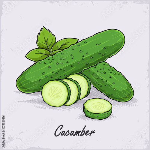 Hand drawn fresh healthy full and sliced green cucumber and green leaves on the background isolated