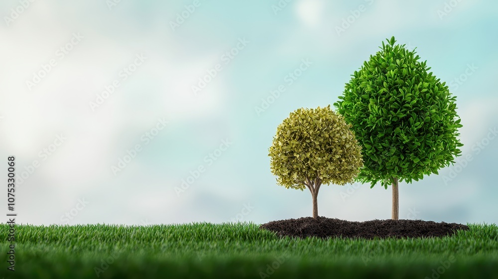 Two trees stand on lush grass under a bright sky, representing nature's beauty and growth.