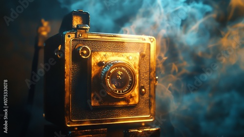 Vintage Golden Camera with Smoke and Cinematic Lighting. AI generated illustration