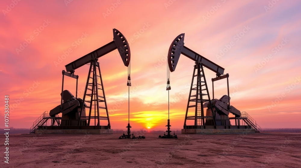 Two oil pumps silhouetted against a vibrant sunset, highlighting the energy industry's impact on the environment and economy.
