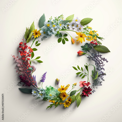 Spring floral round frame with copy space made of multicolored different wild flowers in rainbow palette. Abstract wreath.