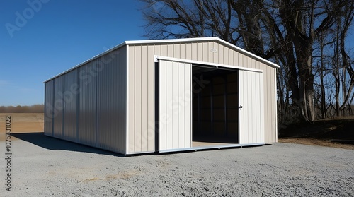 large metal storage shed with an open garage door, against a clear blue sky, Warehouse, storage unit, garage, metal container, created with generative ai