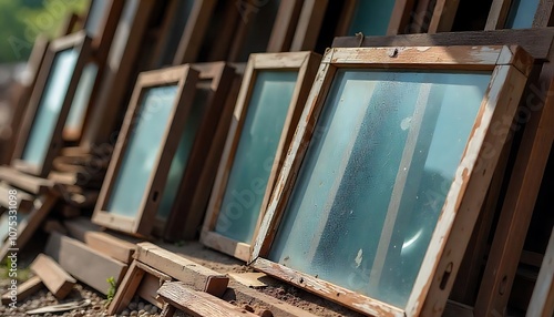  Stacks of old weathered wooden window frames and glass panes in an outdoor setting, junkyard, salvage yard, Old window, broken window panes, created with generaive ai