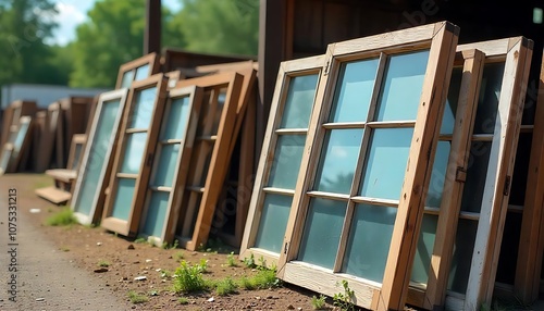  Stacks of old weathered wooden window frames and glass panes in an outdoor setting, junkyard, salvage yard, Old window, broken window panes, created with generaive ai photo