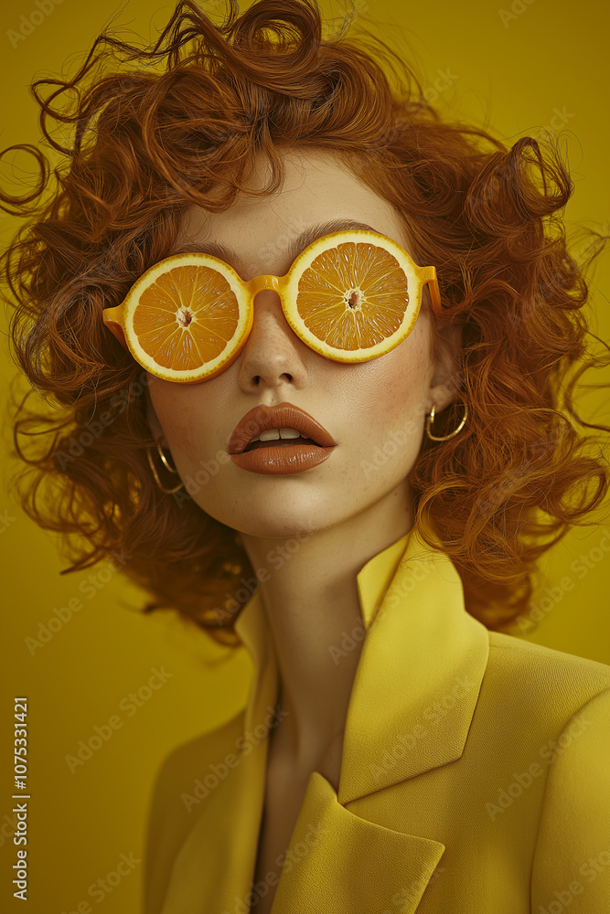 A beautiful woman with red, curly hair and glasses made of orange slices over her eyes, a bright yellow background A beautiful woman with red, curly hair and glasses made of orange slices over her eyes, a bright yellow background
