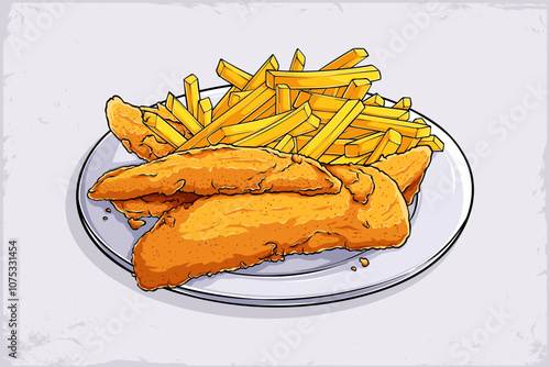 Hand drawn white dinner plate with crispy golden French fries and fried chicken nuggets isolated