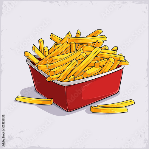 Hand drawn big sized red box full with unhealthy but tasty fried yellow French fries ready to eat