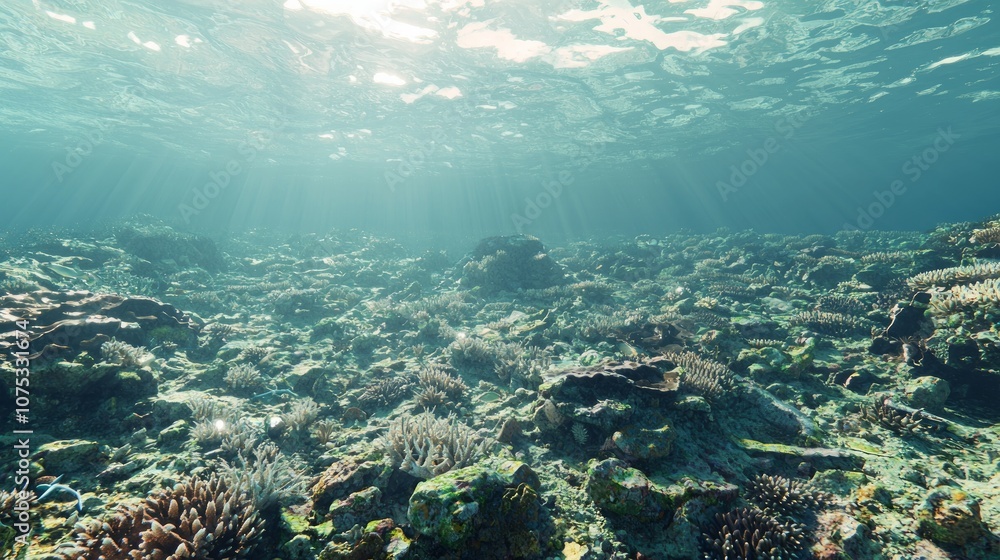 Fototapeta premium Ecosystem in Peril: Vibrant vs. Bleached Coral Reef 3D Render Calling for Marine Conservation Efforts