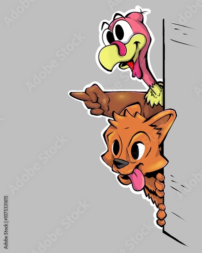 Dog and turkey hiding in the corner, cartoon simple fun cute illustration, Thanksgiving holliday, winter Hollidays, Christmas, digital illustration, high resolution, for sticker, packages design,