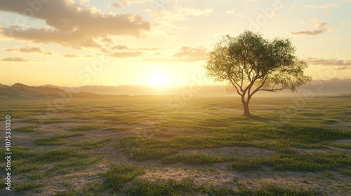 Stunning Contrast of Sunset over Green Field and Drought-Impacted Area, Emphasizing Water Conservation. Ultra-Detailed Environmental 3D Render Artwork.