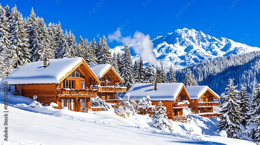 Cozy Wooden Cabins Nestled in a Snowy Mountain Landscape Cozy Wooden Cabins Nestled in a Snowy Mountain Landscape
