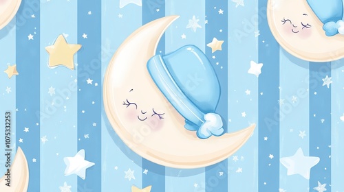 Cute Moon Cartoon with Night Cap and Stars. AI generated illustration photo