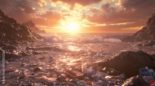 Environmental Crisis: Stunning Coastal Sunset with Plastic Pollution | Ultra-Detailed 3D Render Digital Artwork photo