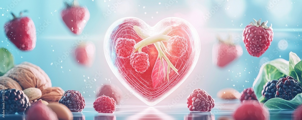 Create an enchanting representation of a glowing heart surrounded by fresh berries and nuts for a vibrant visual experience Create an enchanting representation of a glowing heart surrounded by fresh berries and nuts for a vibrant visual experience