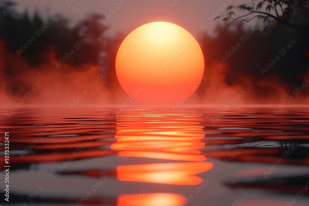 Tranquil Sunrise Reflections Over Misty Lake at Dawn