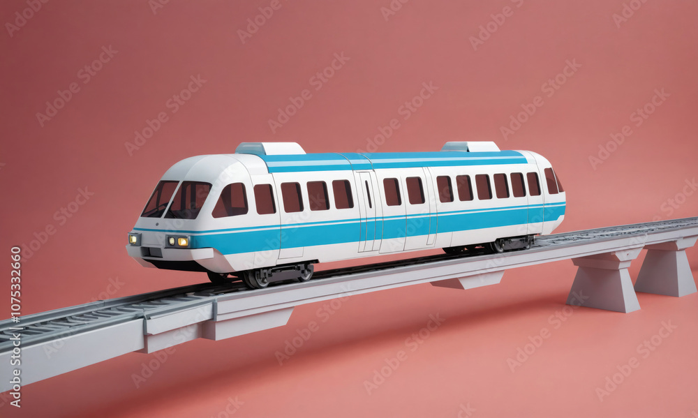 A white and blue train travels across a bridge on a pink background A white and blue train travels across a bridge on a pink background