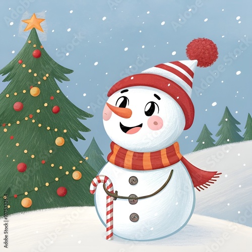 Festive Snowman with Candy Cane and Christmas Tree