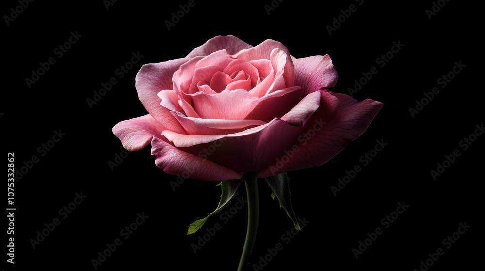 A single pink rose in full bloom against a dark background, highlighting its vibrant color. A single pink rose in full bloom against a dark background, highlighting its vibrant color.