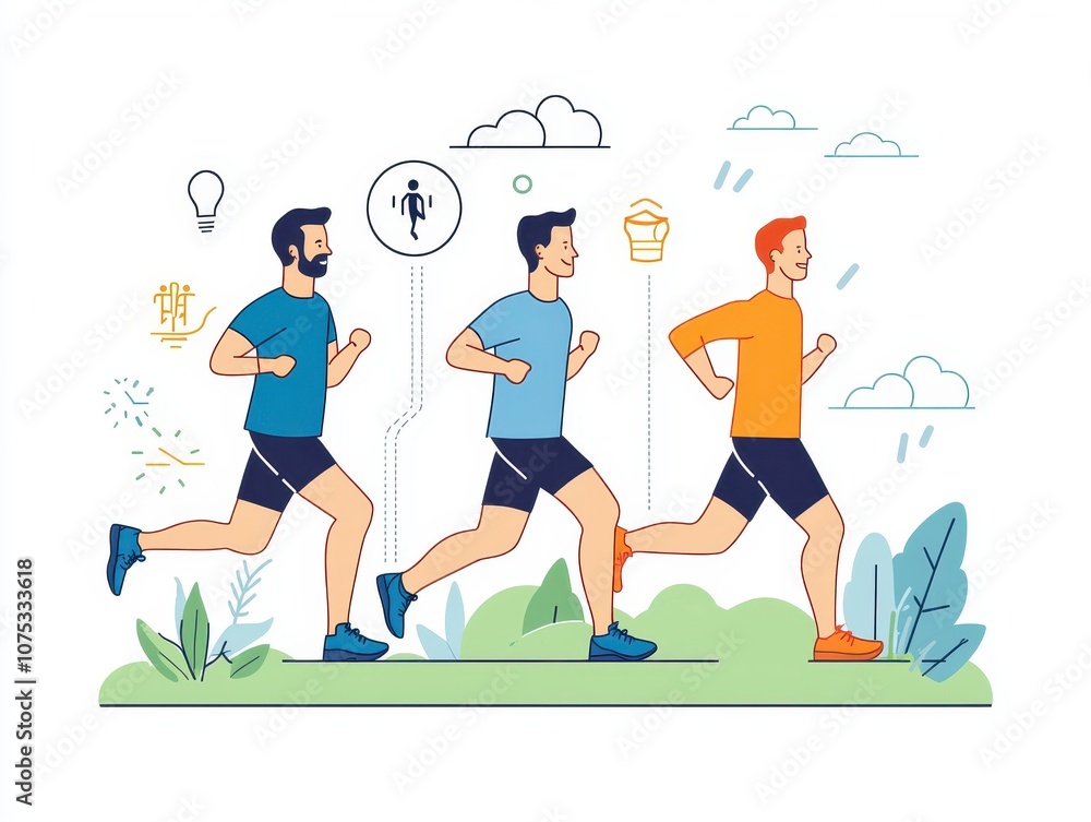 A vibrant group of friends enjoys jogging together in nature to boost fitness and well-being A vibrant group of friends enjoys jogging together in nature to boost fitness and well-being