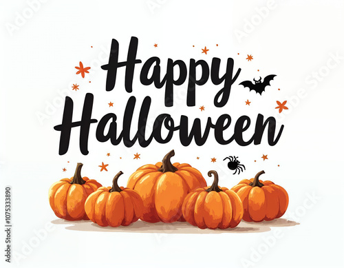 Happy halloween banner, lettering calligraphy invitation background with pumpkins bat and spider web photo