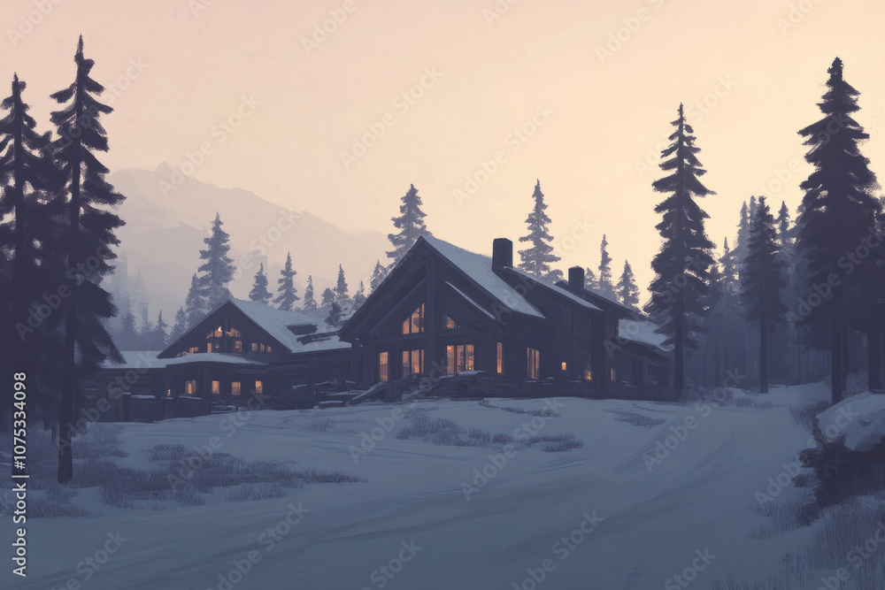 Fototapeta premium A house with a large porch and a driveway in front of it