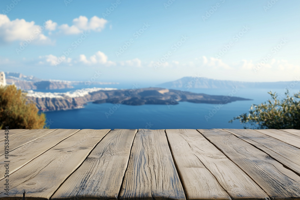 Fototapeta premium Empty wooden table in front of sea coast, blue sky, hills