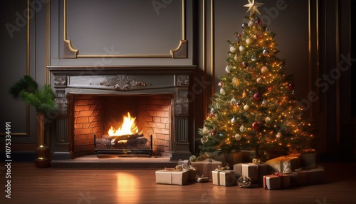 christmas tree in front of fireplace