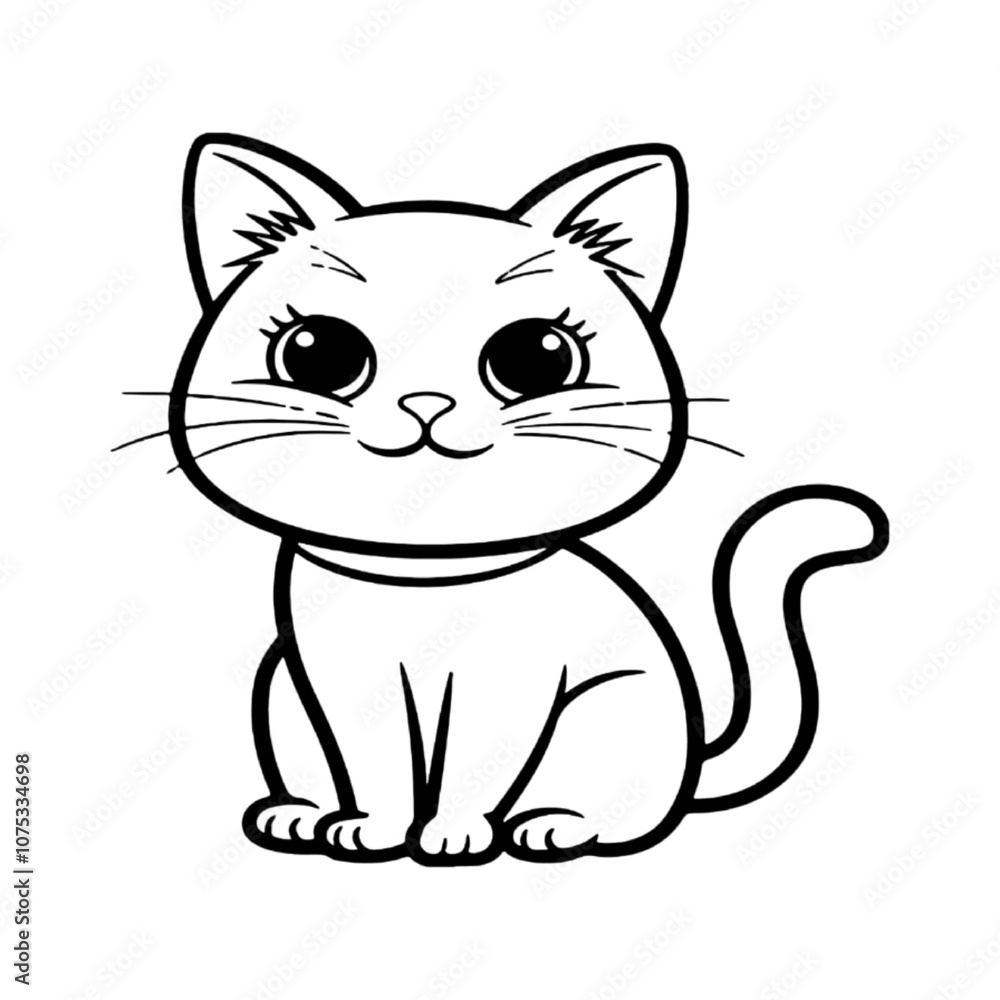 1. Simple black outline illustration of a cute, cartoon-style cat with a round face, big eyes, and a curled tail, sitting upright. 1. Simple black outline illustration of a cute, cartoon-style cat with a round face, big eyes, and a curled tail, sitting upright.