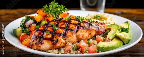 Savor a delicious and nutritious grilled salmon meal featuring quinoa avocado and fresh vegetables for a healthy lifestyle photo