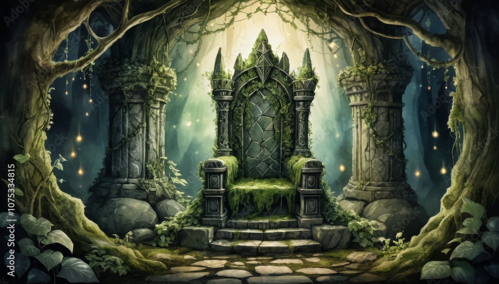 Obraz premium Ancient fairy tale throne covered in moss and surrounded by enchanted forest with magical light